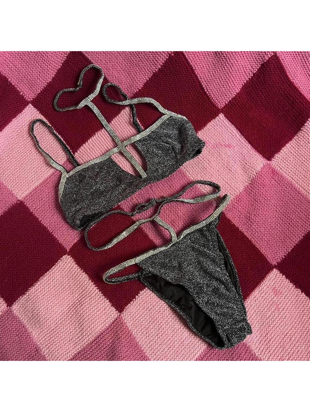 grey silver sparkly rhinestone bikini set